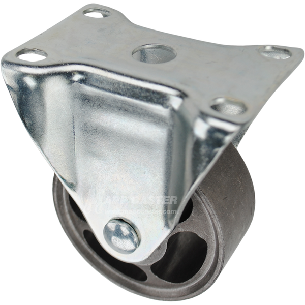 Rigid caster with a 3 inch silver sintered steel wheel with roller bearings and O1 mounting plate
