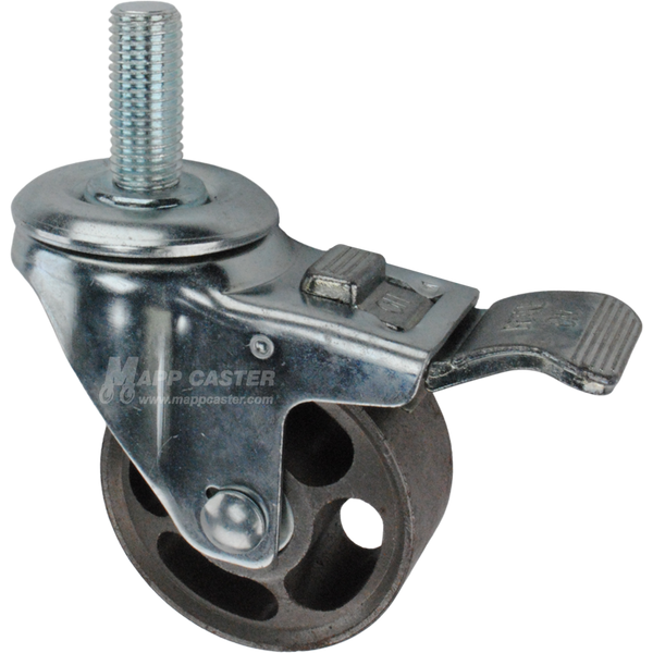Caster wheel with a total lock brake, a 3 inch silver steel wheel and 1-1/2 inch long 16mm metal threaded stem