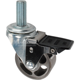 Caster wheel with face contact brake, a 3 inch silver steel wheel and 20mm threaded metal stem