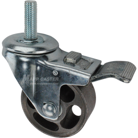 Caster wheel with a total lock brake, a 3 inch silver steel wheel and 1-1/2 inch metal threaded stem