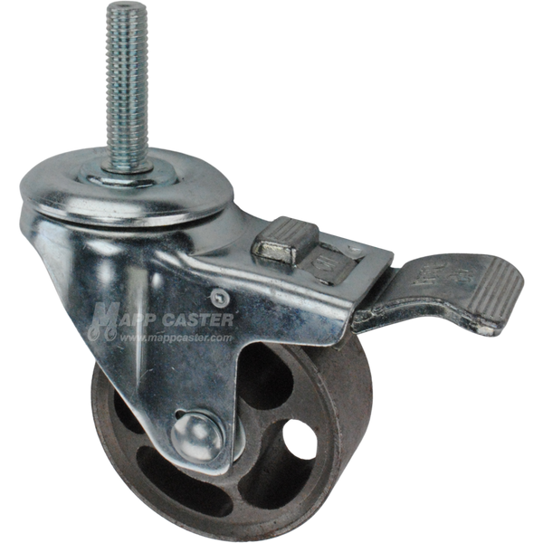 Caster wheel with a total lock brake, a 3 inch silver steel wheel and 1-3/4 inch long 12mm metal threaded stem