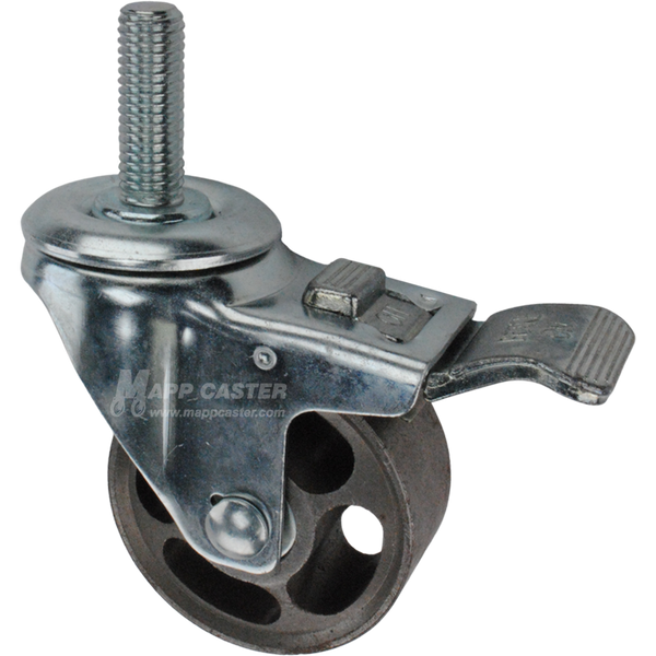 Caster wheel with a total lock brake, a 3 inch silver steel wheel and 1-3/4 inch metal threaded stem