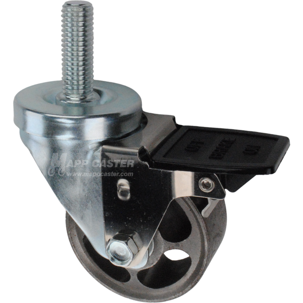 Caster wheel with face contact brake, a 3 inch silver steel wheel and 1-3/4 inch metal threaded stem