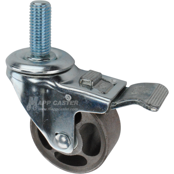 Caster wheel with a total lock brake, a 3 inch silver steel wheel and 1-3/4 inch metal threaded stem