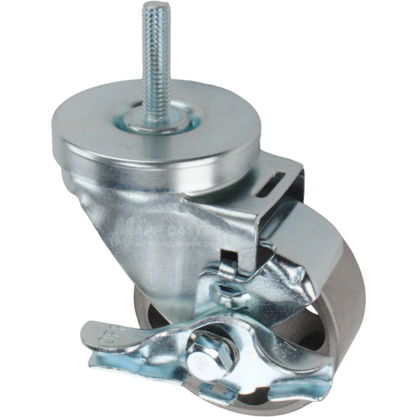 Metal caster wheel with a top lock brake and threaded stem