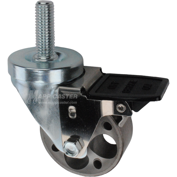 Caster wheel with face contact brake, a 3 inch silver steel wheel and 1-3/4 inch metal threaded stem