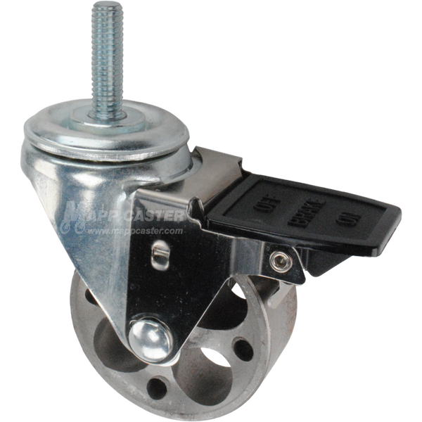Caster wheel with face contact brake, a 3 inch silver steel wheel and 1-1/2 inch metal threaded stem