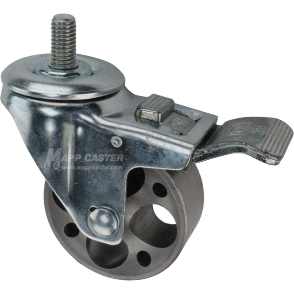 Caster wheel with a total lock brake, a 3 inch silver steel wheel and 1 inch metal threaded stem