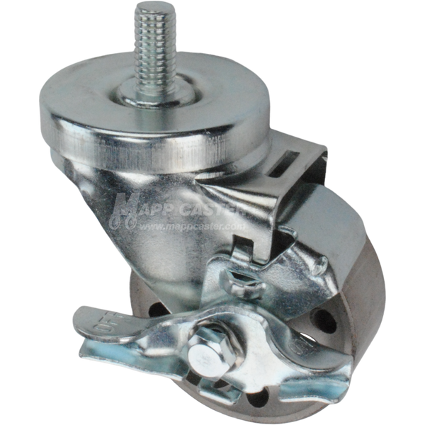 Caster wheel with brake, a silver steel tire and metal stem thread