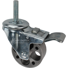Caster wheel with a total lock brake, a 3 inch silver steel wheel and 1-3/4 inch long 12mm metal threaded stem