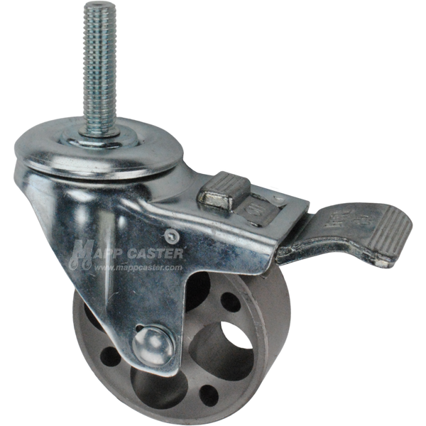 Caster wheel with a total lock brake, a 3 inch silver steel wheel and 1-3/4 inch long 12mm metal threaded stem