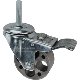 Caster wheel with a total lock brake, a 3 inch silver steel wheel and 1-1/2 inch metal threaded stem