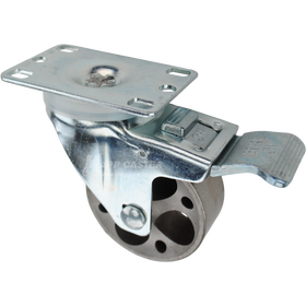 Swivel caster with a total lock brake, a 3 inch silver sintered steel wheel and O1 metal plate