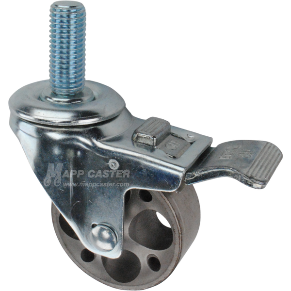 Caster wheel with a total lock brake, a 3 inch silver steel wheel and 1-3/4 inch metal threaded stem