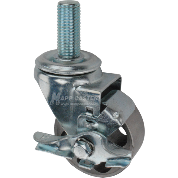 Metal caster wheel with a top lock brake and metric threaded stem