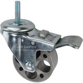 Caster wheel with a total lock brake, a 3 inch silver steel wheel and 1-1/2 inch long 10mm metal threaded stem