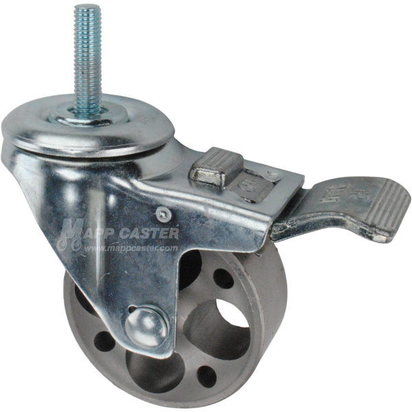 Caster wheel with a total lock brake, a 3 inch silver steel wheel and 1-1/2 inch long 10mm metal threaded stem