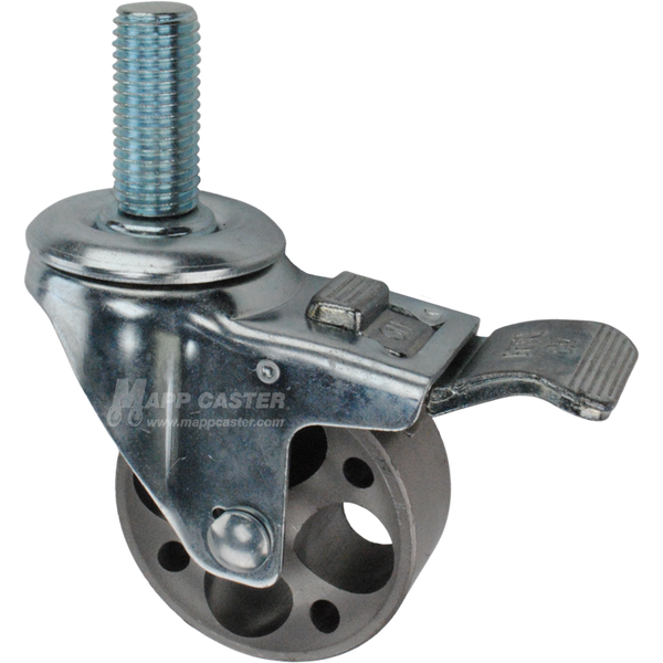 Caster wheel with a total lock brake, a 3 inch silver steel wheel and 1-3/4 inch long 20mm metal threaded stem