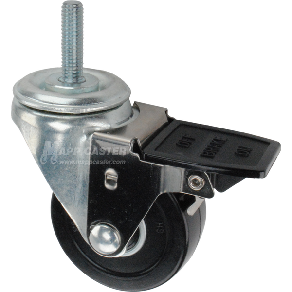 Caster wheel with face contact brake, a 3 inch black soft rubber wheel and 1-1/2 inch metal threaded stem