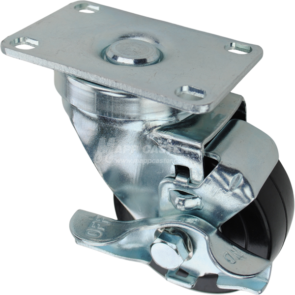 Swivel caster with top lock brake, a 3 inch black soft rubber wheel with ball bearings and O1 metal plate