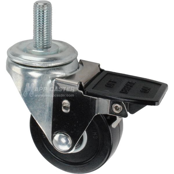 Caster wheel with face contact brake, a 3 inch black soft rubber wheel and 16mm threaded metal stem