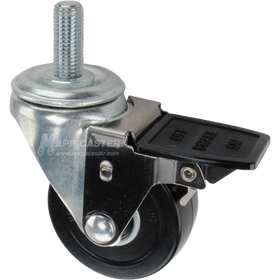 Caster wheel with face contact brake, a 3 inch black soft rubber wheel and 16mm threaded metal stem