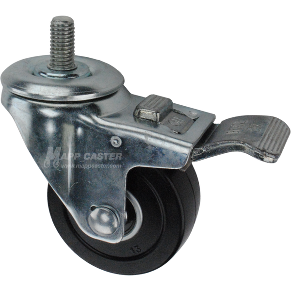 Caster wheel with a total lock brake, a 3 inch black soft rubber wheel and 1 inch metal threaded stem