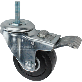 Caster wheel with a total lock brake, a 3 inch black soft rubber wheel and 1-1/2 inch long 10mm metal threaded stem