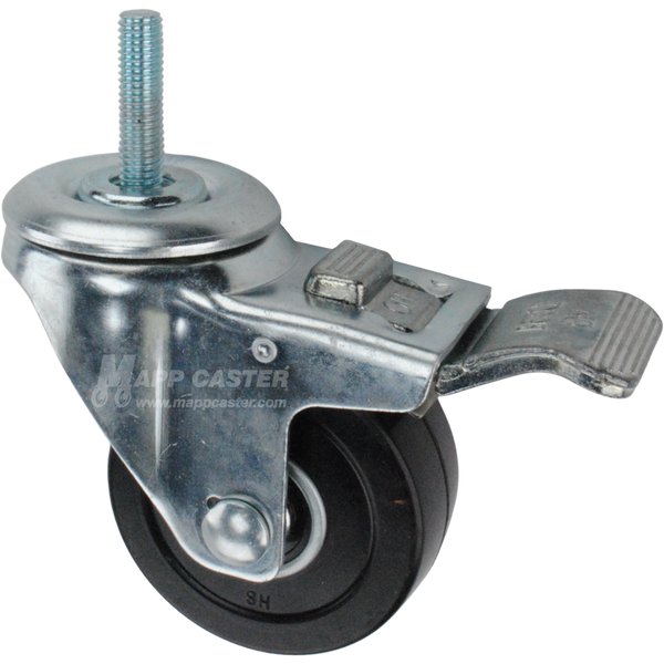 Caster wheel with a total lock brake, a 3 inch black soft rubber wheel and 1-1/2 inch long 10mm metal threaded stem