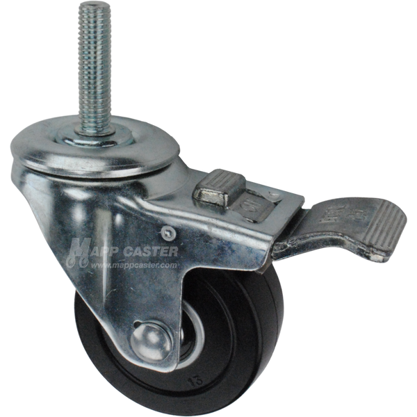 Caster wheel with a total lock brake, a 3 inch black soft rubber wheel and 1-3/4 inch long 12mm metal threaded stem