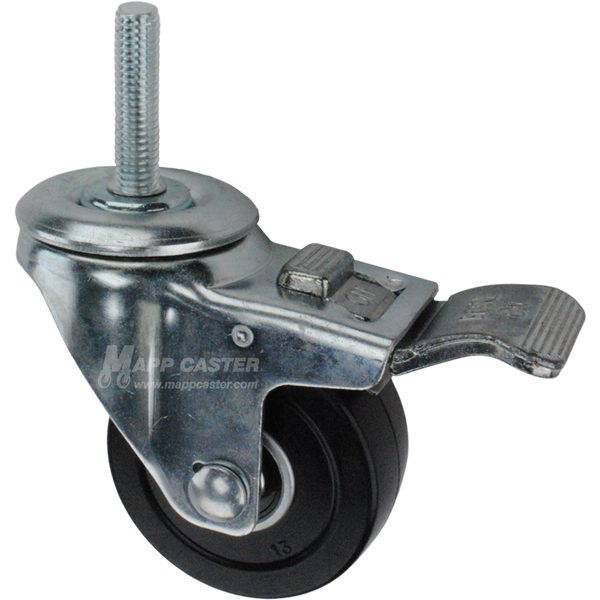 Caster wheel with a total lock brake, a 3 inch black soft rubber wheel and 1-1/2 inch metal threaded stem