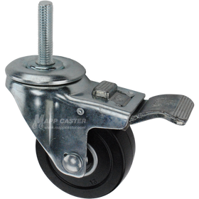 Caster wheel with a total lock brake, a 3 inch black soft rubber wheel and 1-1/2 inch metal threaded stem
