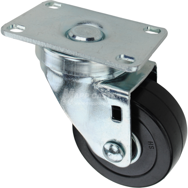 Swivel caster with a 3 inch black soft rubber wheel with ball bearings and O1 metal plate