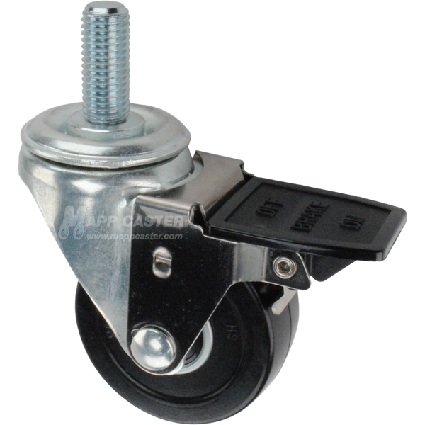 Caster wheel with face contact brake, a 3 inch black soft rubber wheel and 1-3/4 inch metal threaded stem