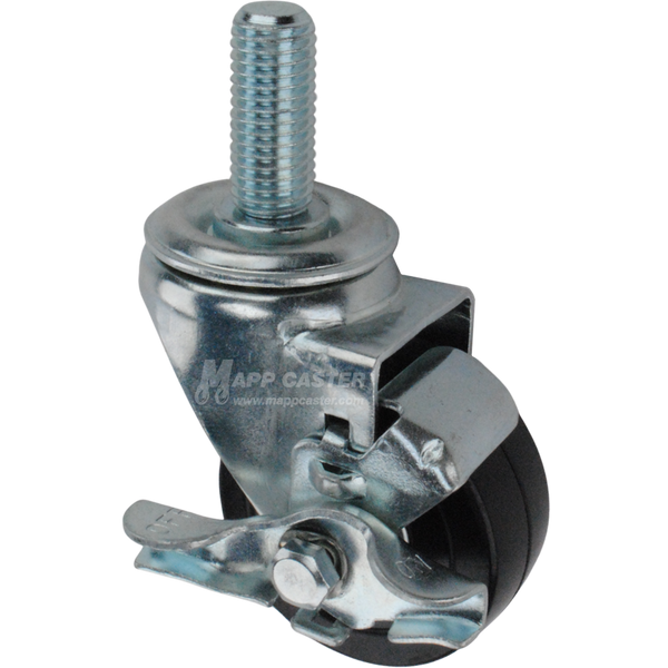 Caster wheel with a black rubber tire brake and threaded stem