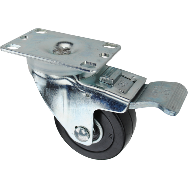 Swivel caster with a total lock brake, a 3 inch black soft rubber wheel with ball bearings and O1 metal plate