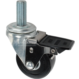 Caster wheel with face contact brake, a 3 inch black soft rubber wheel and 20mm threaded metal stem