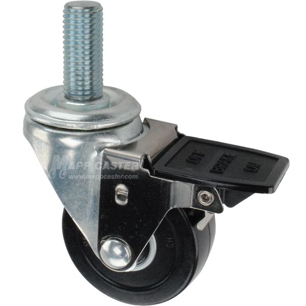 Caster wheel with face contact brake, a 3 inch black soft rubber wheel and 20mm threaded metal stem