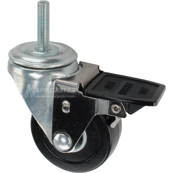 Caster wheel with face contact brake, a 3 inch black soft rubber wheel and 12mm threaded metal stem