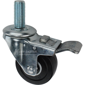 Caster wheel with a total lock brake, a 3 inch black soft rubber wheel and 1-3/4 inch long 20mm metal threaded stem