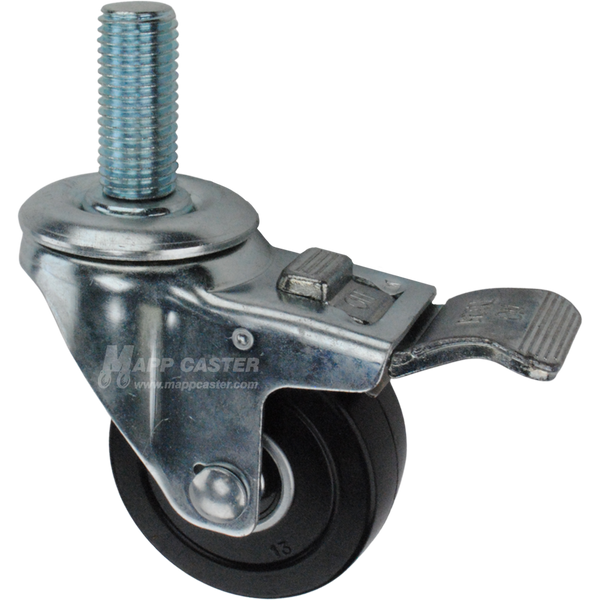 Caster wheel with a total lock brake, a 3 inch black soft rubber wheel and 1-3/4 inch long 20mm metal threaded stem