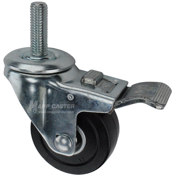 Caster wheel with a total lock brake, a 3 inch black soft rubber wheel and 1-3/4 inch metal threaded stem