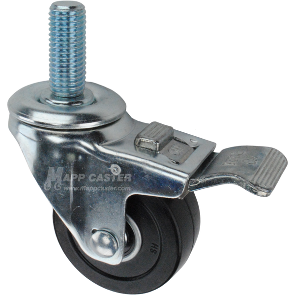 Caster wheel with a total lock brake, a 3 inch black soft rubber wheel and 1-3/4 inch metal threaded stem