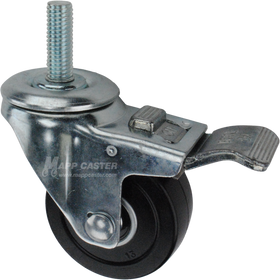Caster wheel with a total lock brake, a 3 inch black soft rubber wheel and 1-1/2 inch metal threaded stem