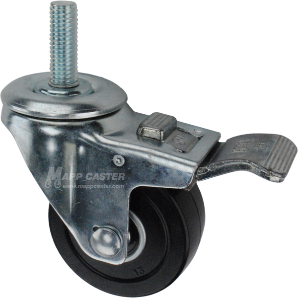 Caster wheel with a total lock brake, a 3 inch black soft rubber wheel and 1-1/2 inch metal threaded stem