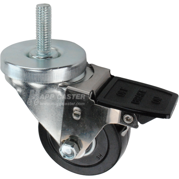 Caster wheel with face contact brake, a 3 inch black soft rubber wheel and 1-1/2 inch metal threaded stem