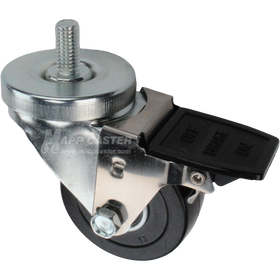 Caster wheel with face contact brake, a 3 inch black soft rubber wheel and 1 inch metal threaded stem