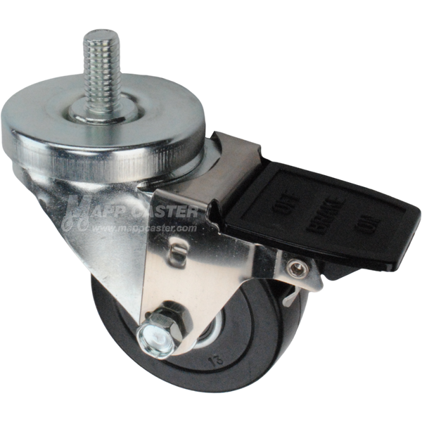 Caster wheel with face contact brake, a 3 inch black soft rubber wheel and 1 inch metal threaded stem