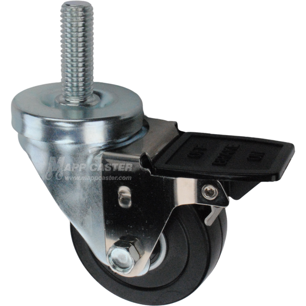 Caster wheel with face contact brake, a 3 inch black soft rubber wheel and 1-3/4 inch metal threaded stem