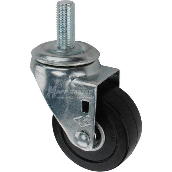 Caster wheel with a black rubber tire and metric threaded stem